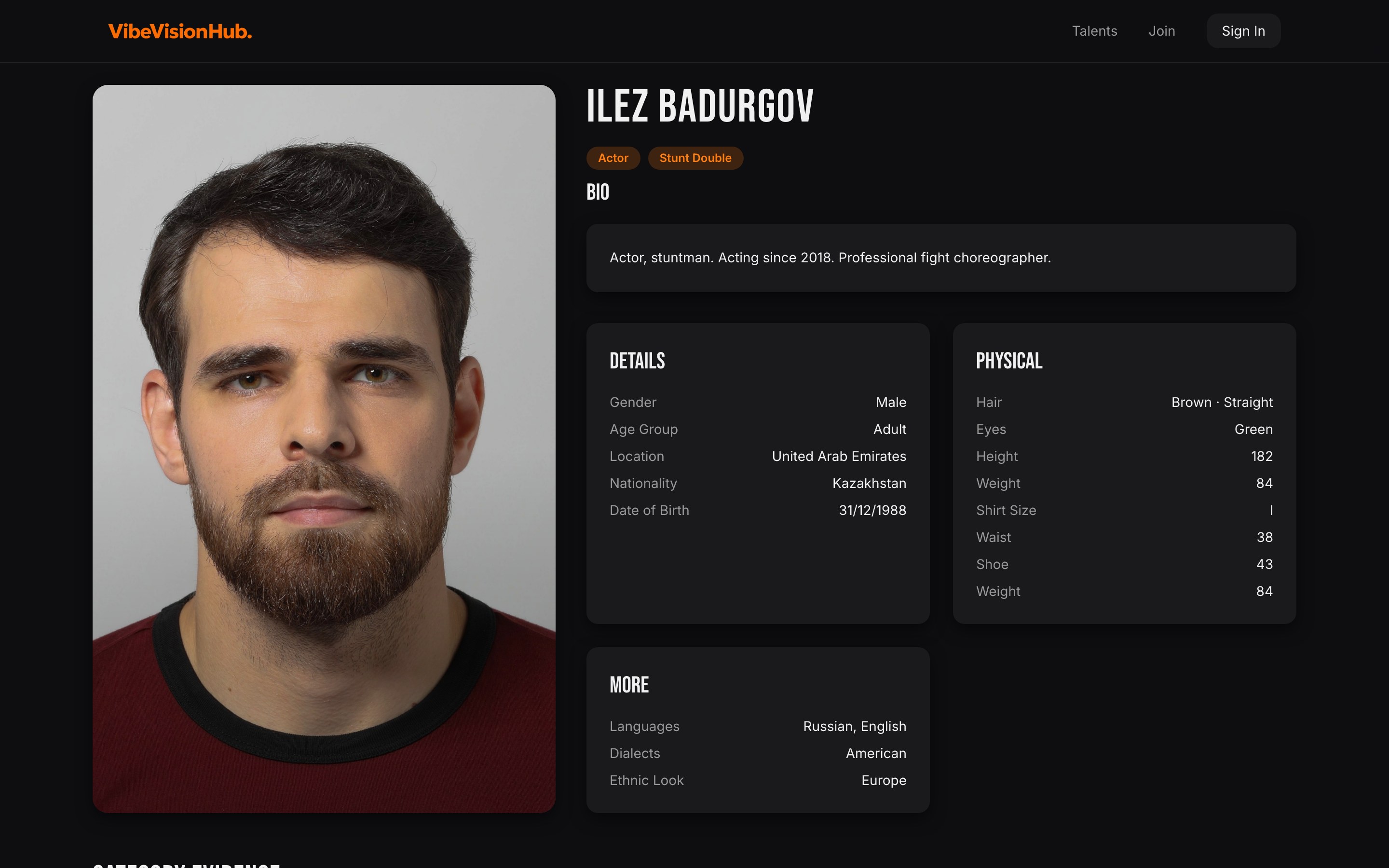 Single talent profile page