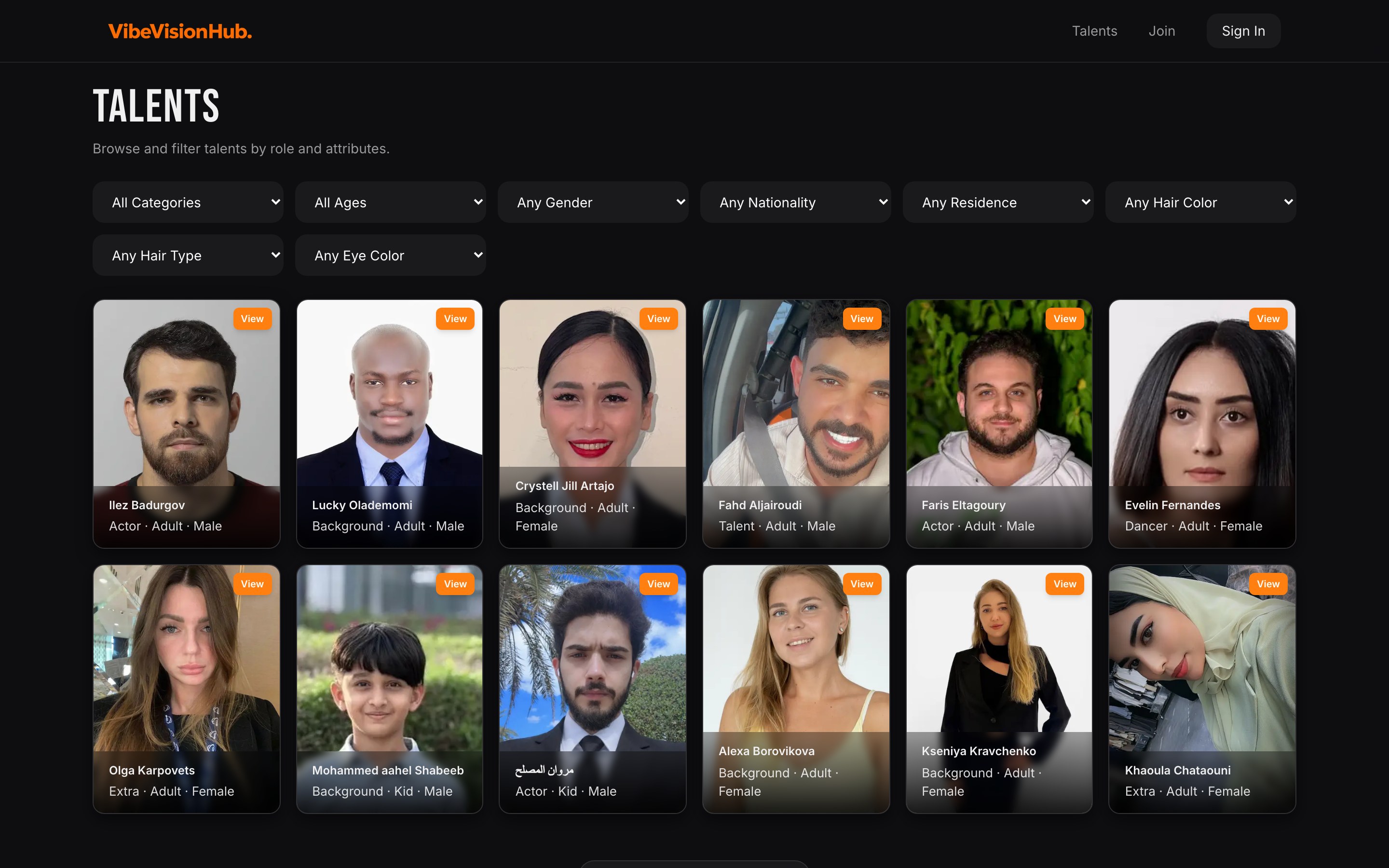 Talent listing / browse page